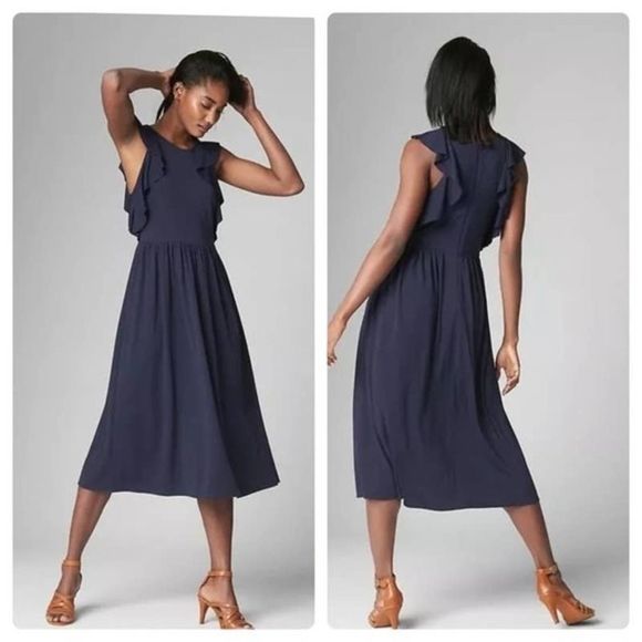 GAP Dresses & Skirts - Gap Fit and Flare Navy Blue Midi Ruffle Sleeve Dress Size 16